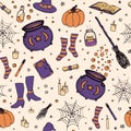 Vector Halloween pattern with hand drawn pumpkin, cauldron, spider web, potions, magic books, witchÃ¢â¬â¢s broom, hat, socks and boo